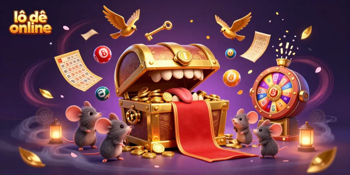 Engaging lô đề online scene with colorful lottery balls and a treasure chest for online gamblers.