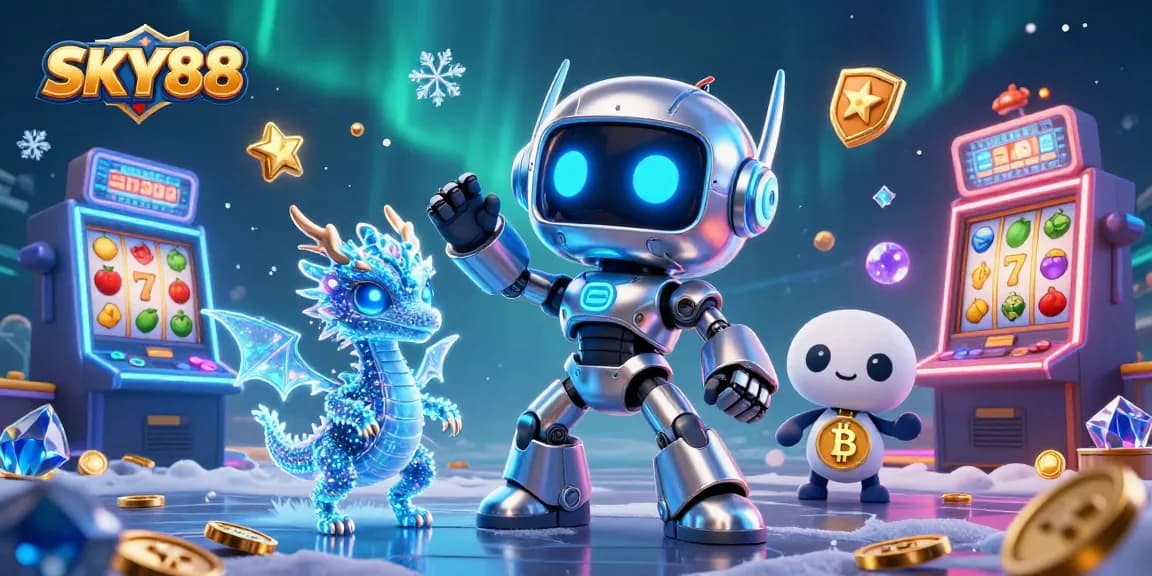 Engage with exciting slot gameplay at SKY88 with a vibrant 3D cyberpunk scene and casino elements.