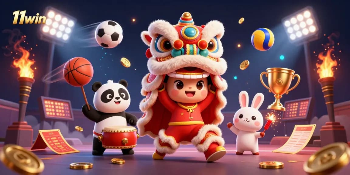 Join the excitement at 11win with lively casino characters and sports action in vibrant 3D illustration.