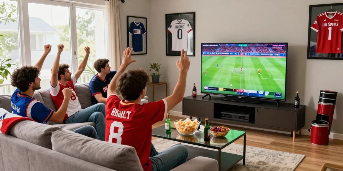 IHD Sports الرسمي live match viewing with friends in a lively living room atmosphere.