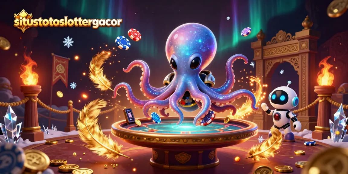 Experience thrilling gameplay at situstotoslottergacor with an alien octopus managing holographic poker action.