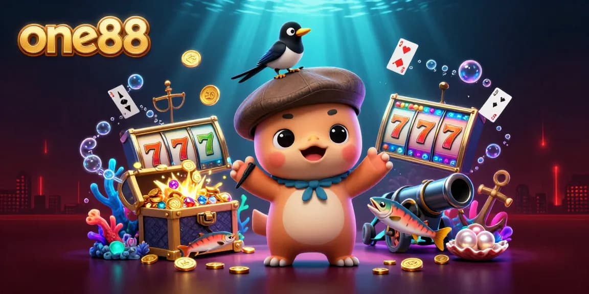 Enhance your gaming with one88’s vibrant 3D illustration featuring lucky slots and playful aquatic characters.