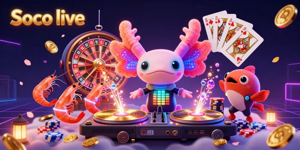 Soco live illuminates the scene with neon axolotl DJ, golden coins, and vibrant gaming elements in a 3D extravaganza.