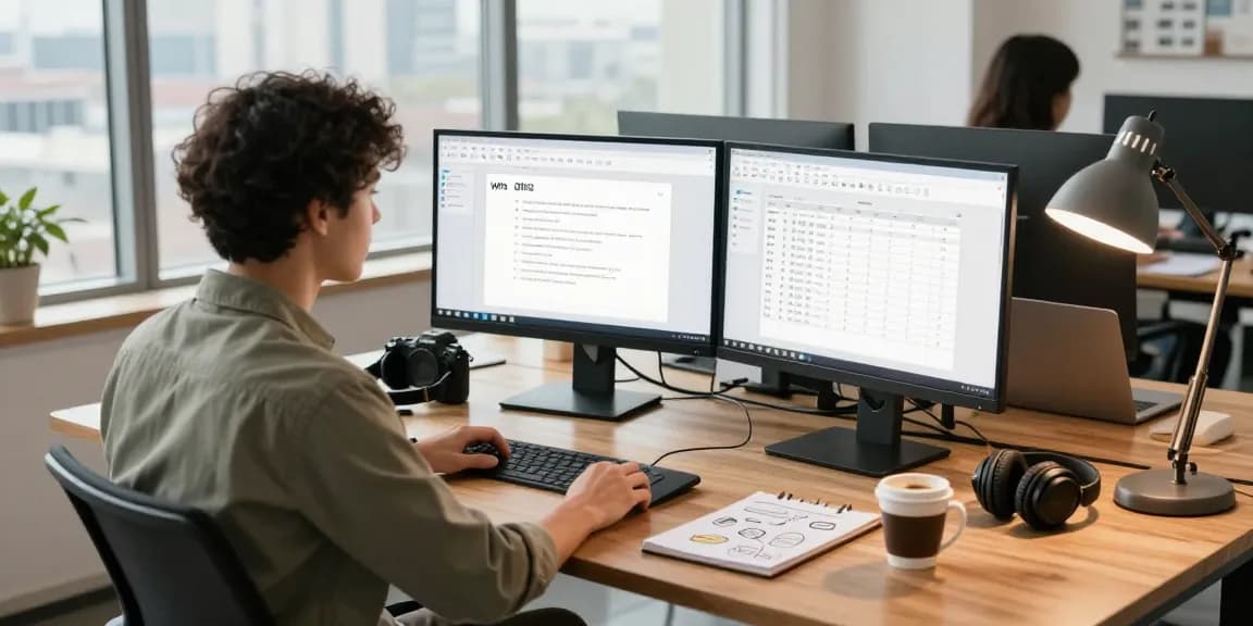 Engaging professional workspace scene featuring WPS Download on dual monitors, showcasing productivity.