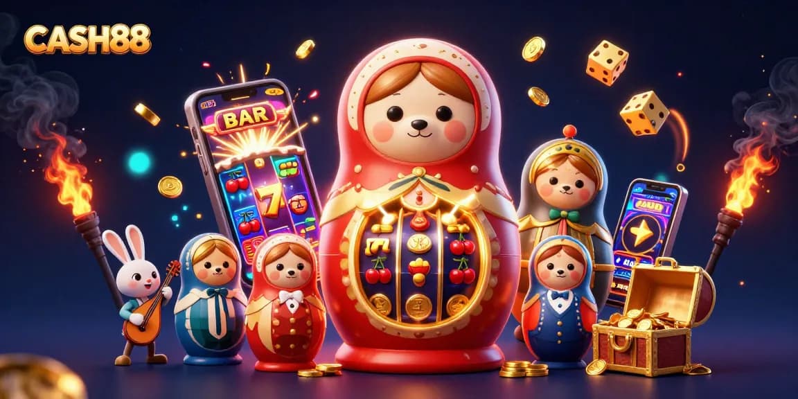 Engage with CASH88 through an exciting 3D casino scene showcasing vibrant game elements and characters.