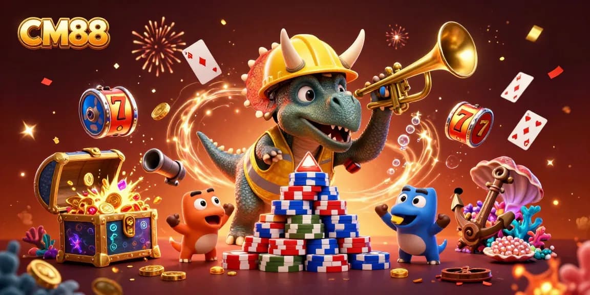 CM88 participants celebrating a jackpot win with poker chips and festive elements in a vibrant casino scene.