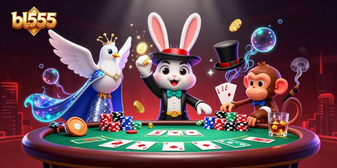 Experience exciting gameplay with bl555's vibrant 3D casino scene featuring whimsical characters and poker action.