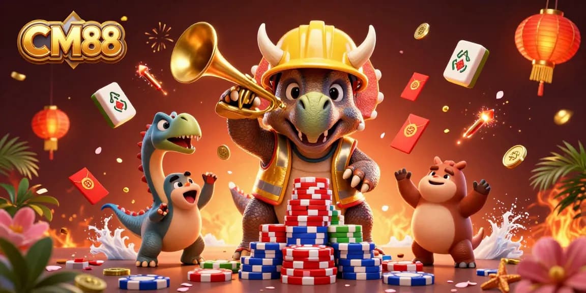 Experience CM88's thrilling gaming world with vibrant characters building poker chip pyramids.