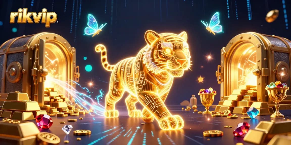 Experience excitement at rikvip with a neon-wireframe golden tiger in a digital casino filled with treasures.