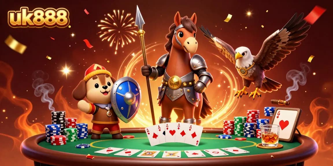Engage in thrilling poker action at uk888 with a knight and puppy in a vibrant 3D scene.