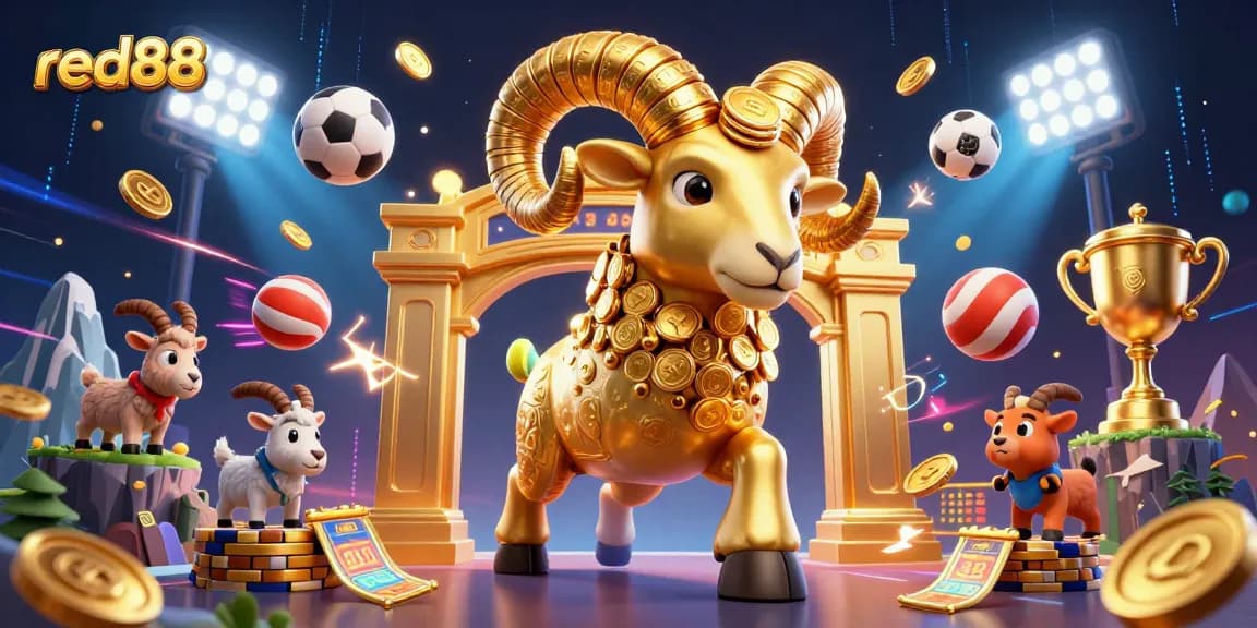 Experience the excitement of red88 as a golden ram charges through a dynamic sports betting scene.
