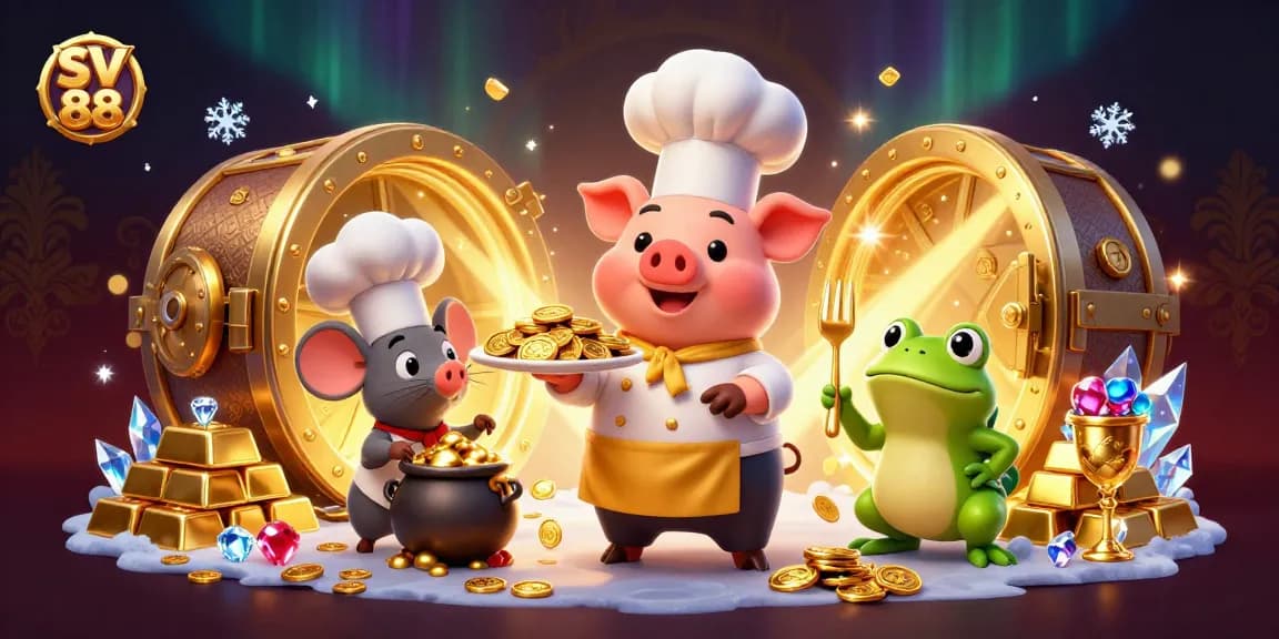 SV 88 characters serving golden coins in a dynamic casino scene, showcasing opulence and excitement