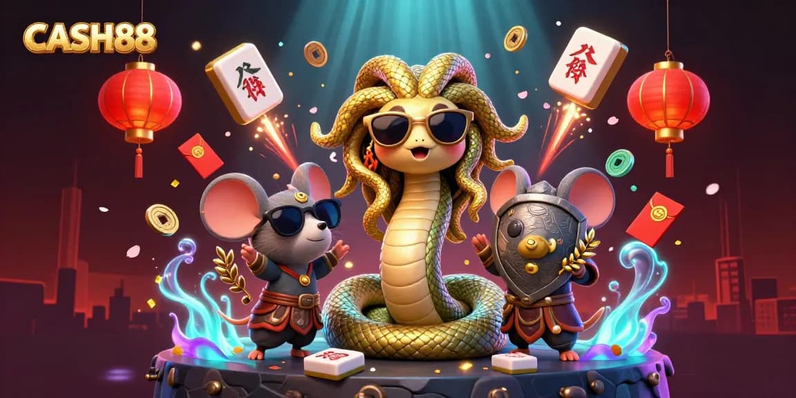 CASH88 captures thrilling gaming moments with a dynamic, colorful 3D illustration featuring Medusa and charming elements.