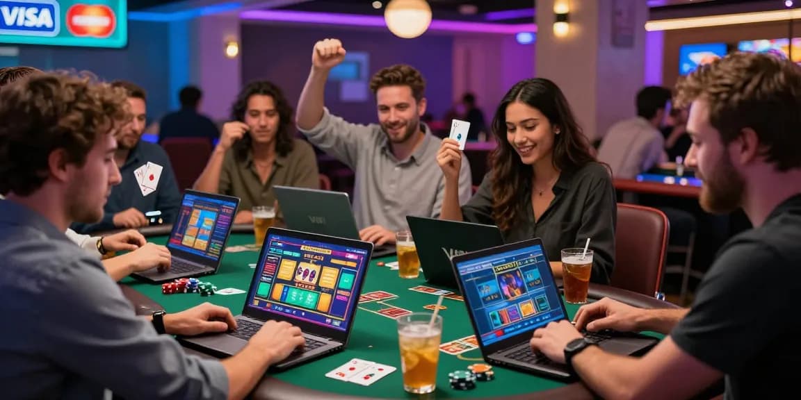 Engaged players enjoying credit card casinos with digital devices and casino-themed decor.
