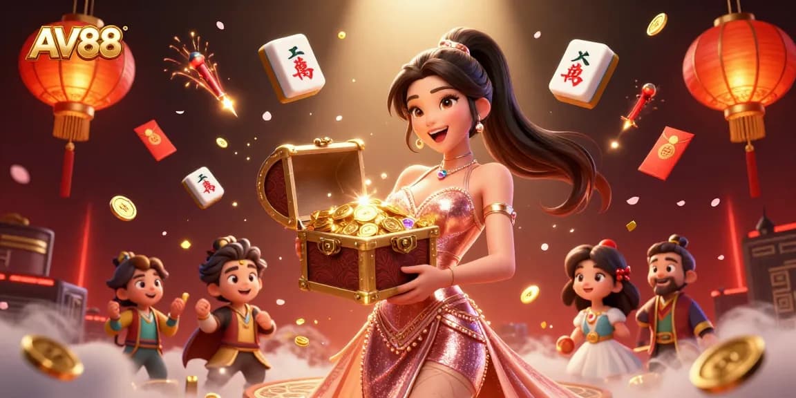 Engage with AV88's thrilling treasures in a vibrant casino illustration filled with excitement.