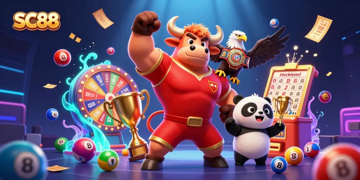 SC88 showcases a victory bull mascot, eagle, and cheerful panda amidst dynamic lottery elements.