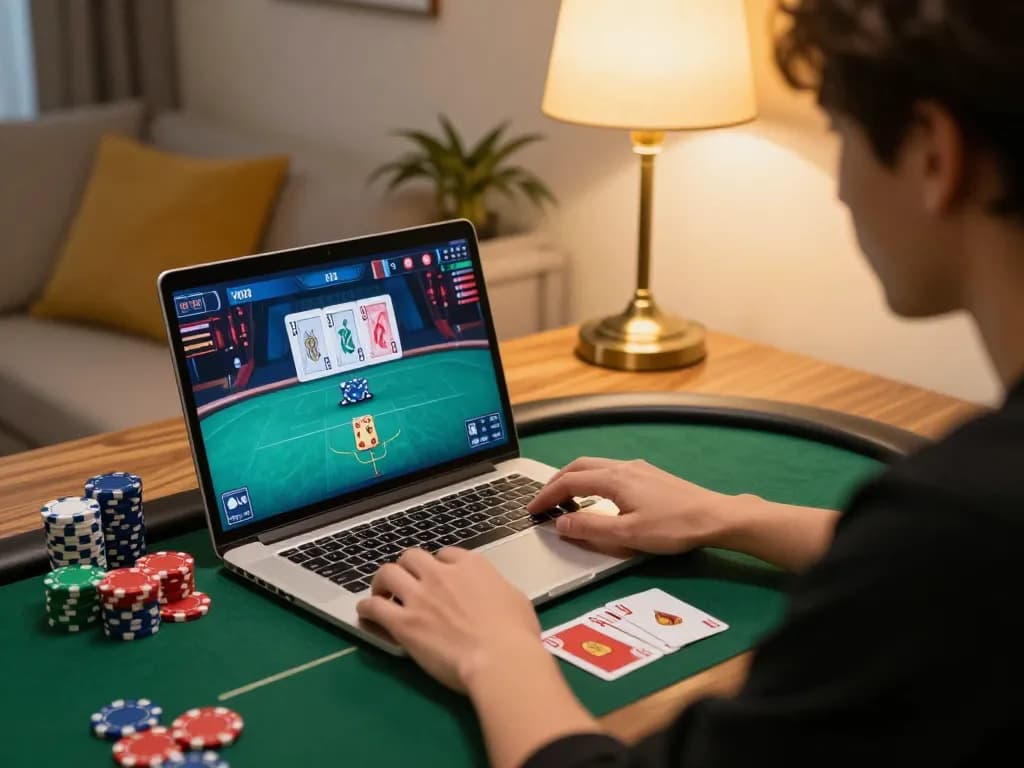 Playing poker on laptop at trang chủ fun79, showcasing an engaging online gaming experience.