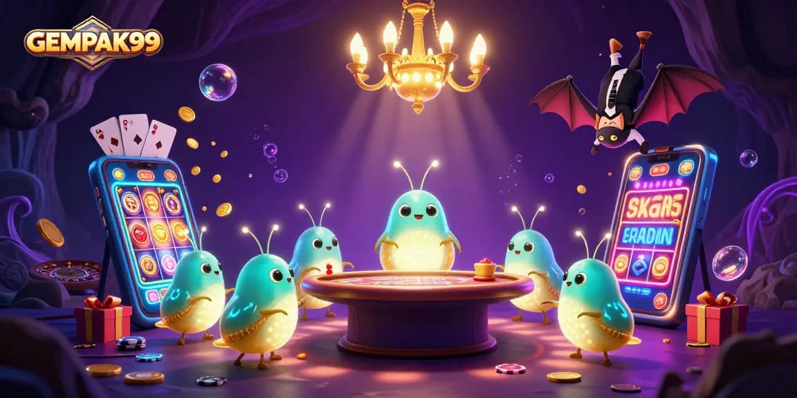 Play dynamic slot games at GEMPAK99 with glowworms lighting a vibrant casino scene.