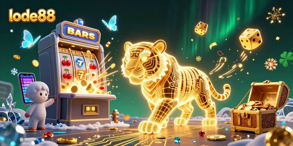 Lode88 showcases an electrifying digital casino scene with a golden tiger and winning symbols.