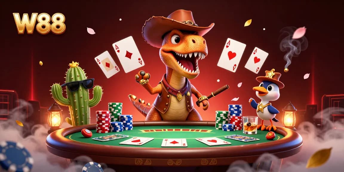 Engage with the thrilling W88 card game scene featuring dynamic characters and rich casino elements.