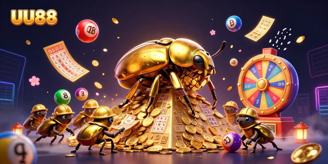 Engage with UU88 in an enchanting 3D scene of golden coins, lottery balls, and dynamic casino symbols.