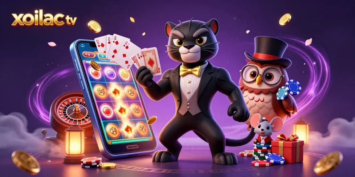 Xoilac TV features a stylish panther dealing cards elegantly amidst dynamic gambling elements and vibrant visuals.