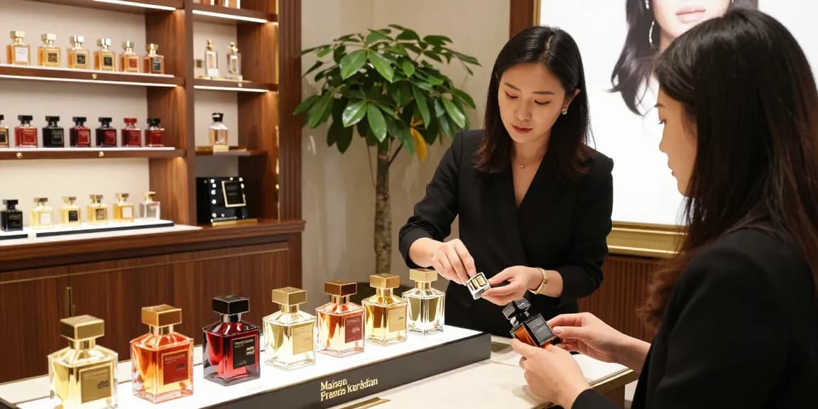 Maison Francis Kurkdjian (MFK) perfumes displayed in a luxurious boutique with an engaging customer experience.