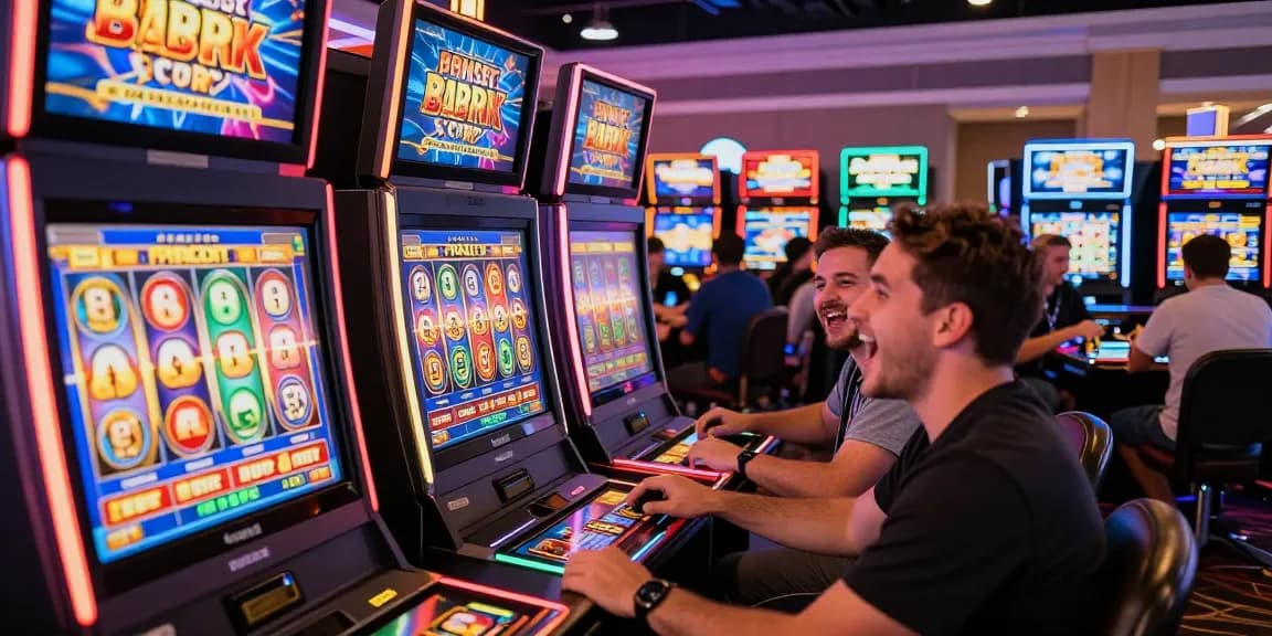 Excited players engaging with bonus buy slots in a colorful online casino.
