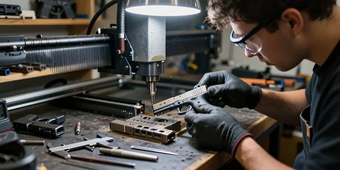 Custom Glock slides being crafted at a precision workshop by a skilled gunsmith, showcasing tools and attention to detail at https://precisionglockslides.com.