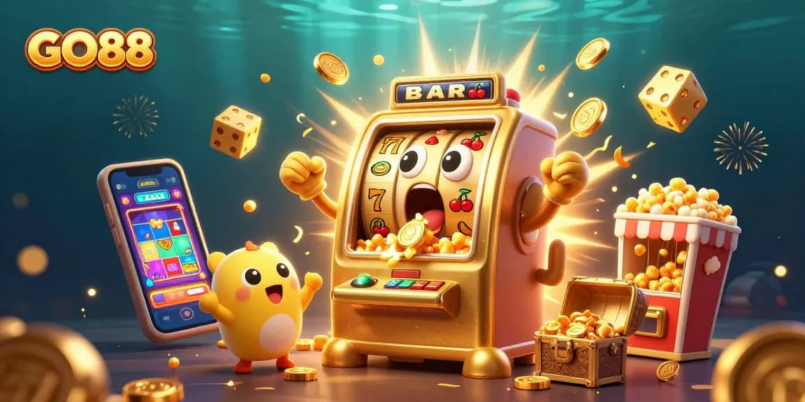 GO88 slot machine celebrates its jackpot win with coins raining down in a lively casino scene.