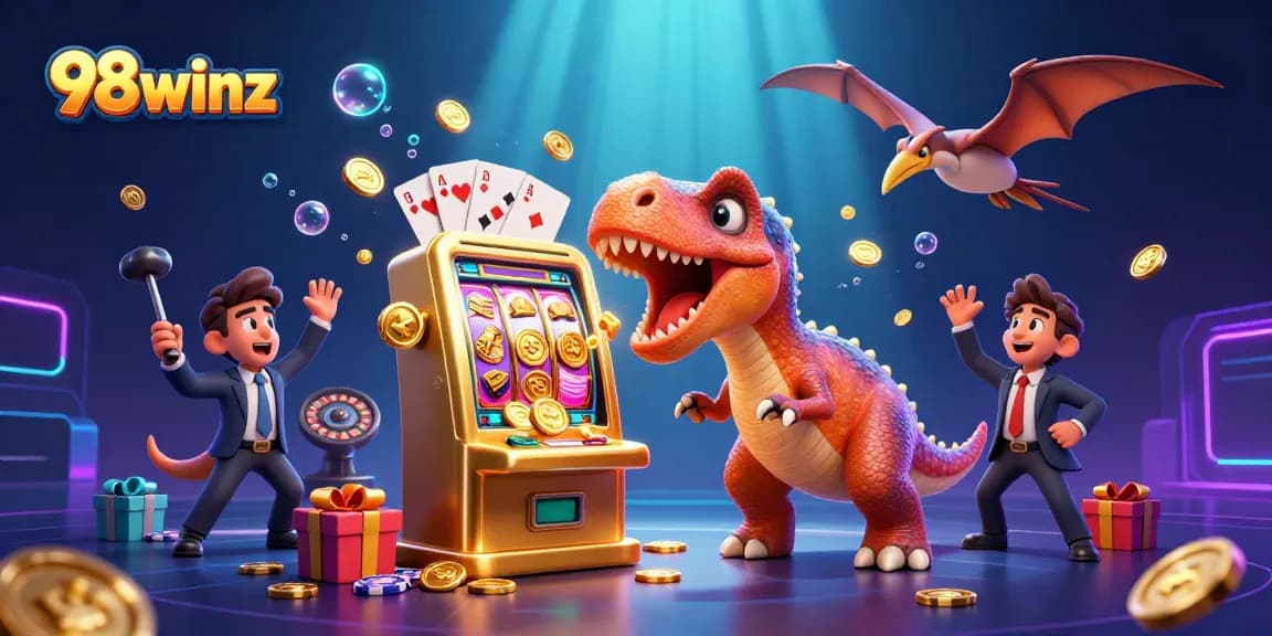 98winz players grabbing coins from a jubilant slot machine payout in an animated casino setting.