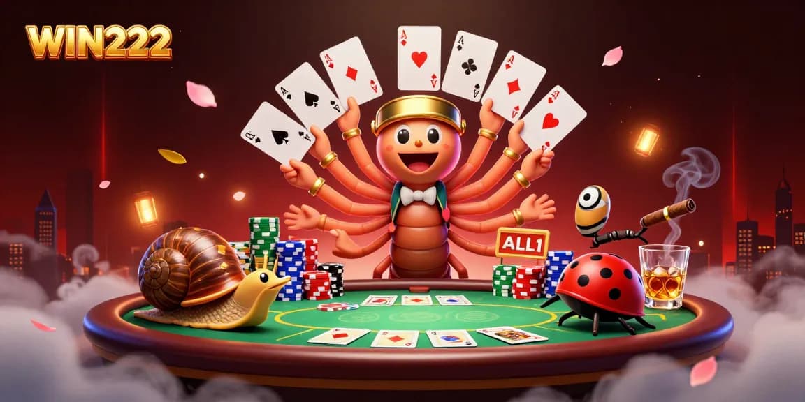 Engage with WIN222's captivating poker scene featuring unique 3D characters and vibrant gaming elements.