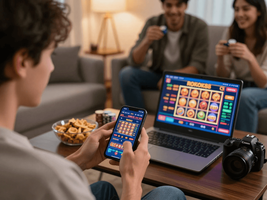 Engaged adult enjoying the ROKOK88 online casino experience on mobile, surrounded by vibrant game graphics.