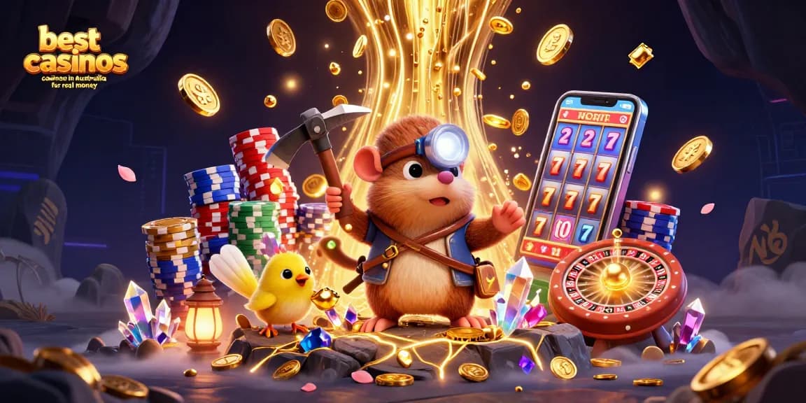 Mining excitement at the best online casinos in Australia for real money with lively characters and vibrant casino elements.