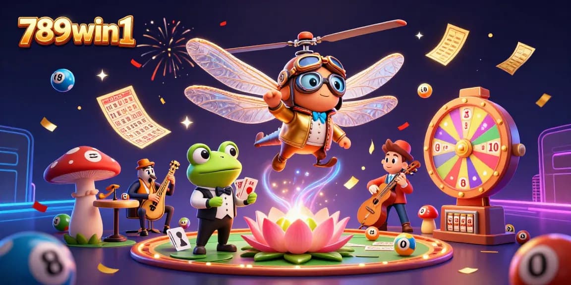 Engage with the 789win1 dynamic casino scene featuring a cartoon dragonfly pilot and jazz-playing crickets.