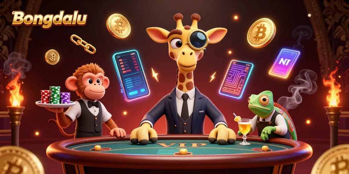 Bongdalu showcases a lively gaming scene with a high-roller giraffe and animated characters amidst crypto coins and gambling elements.