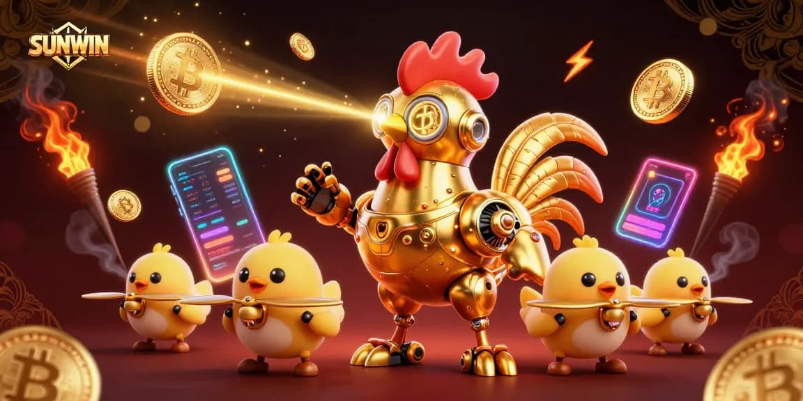 SUNWIN's vibrant casino experience showcased with a golden robot and baby chick drones amidst dynamic gaming elements