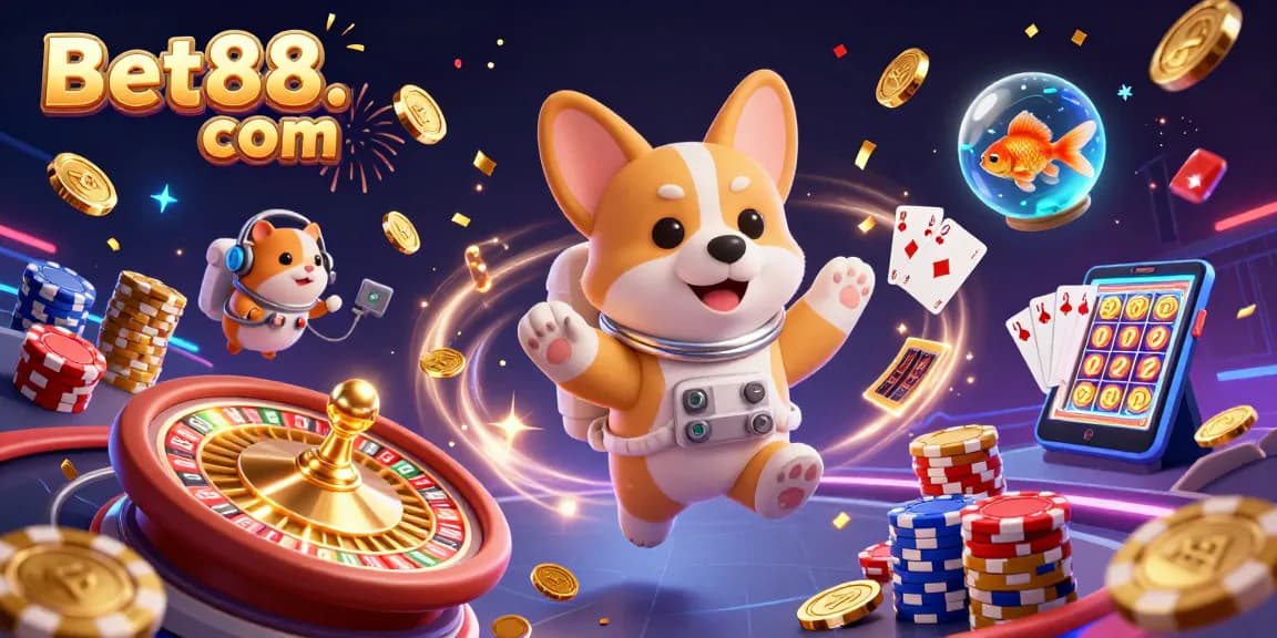 Experience Bet88. com with an exciting scene featuring a floating corgi in a casino, surrounded by vibrant gaming elements.