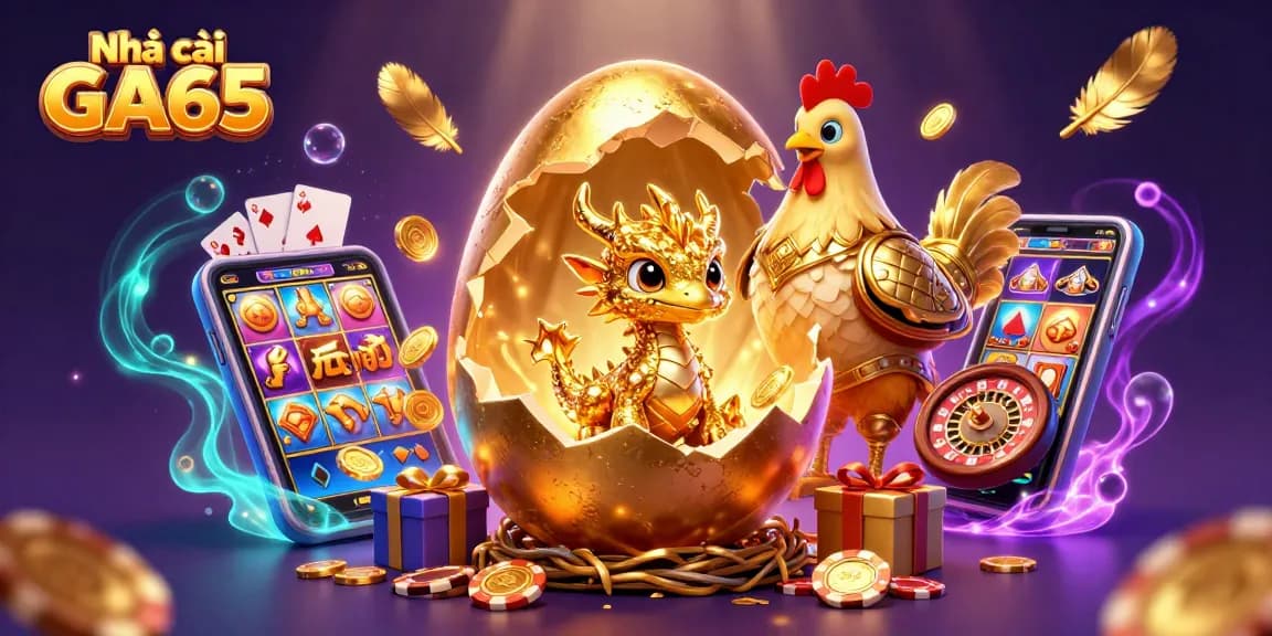 Experience thrilling cockfighting action with Nhà cái GA65, showcasing golden dragon elements amidst vibrant casino features.