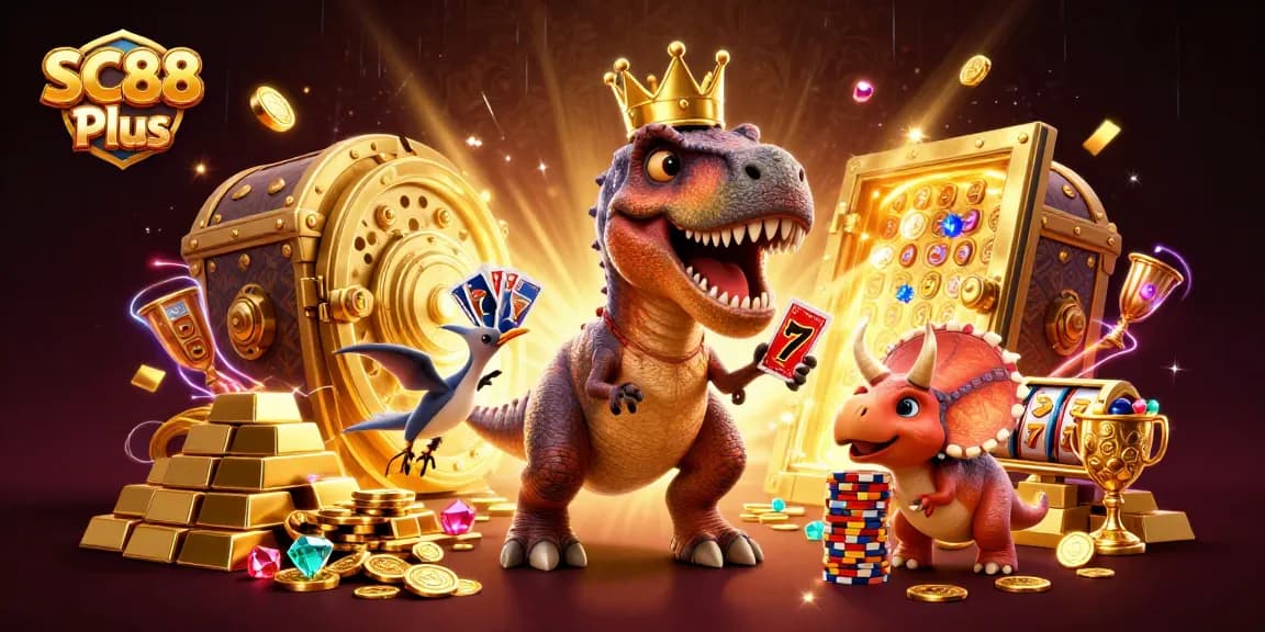SC88 Plus showcases a friendly T-Rex shuffling cards with gold treasures in a vibrant casino scene.