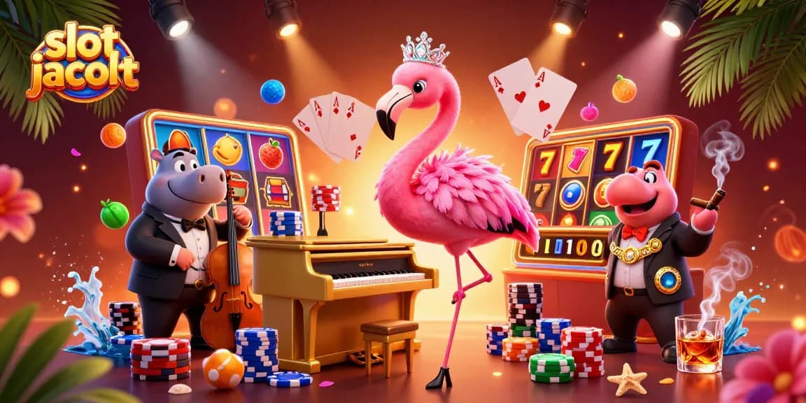 Celebrate big wins at the slot jackpot with a vibrant casino scene showcasing lively characters and game elements.