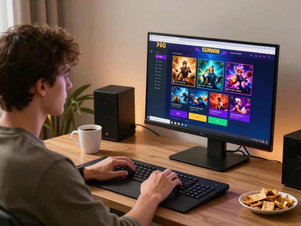 SUNWIN user engaging in online gaming at home with cozy atmosphere and gaming setup