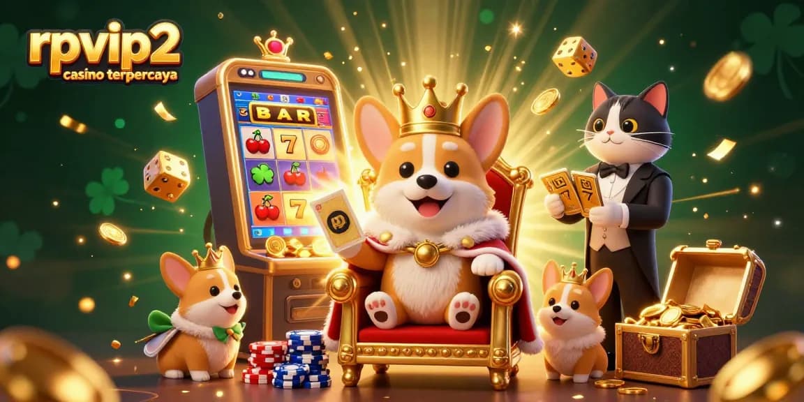 Experience excitement at rpvip2 casino terpercaya with a royal corgi, golden cards, and a jackpot explosion.