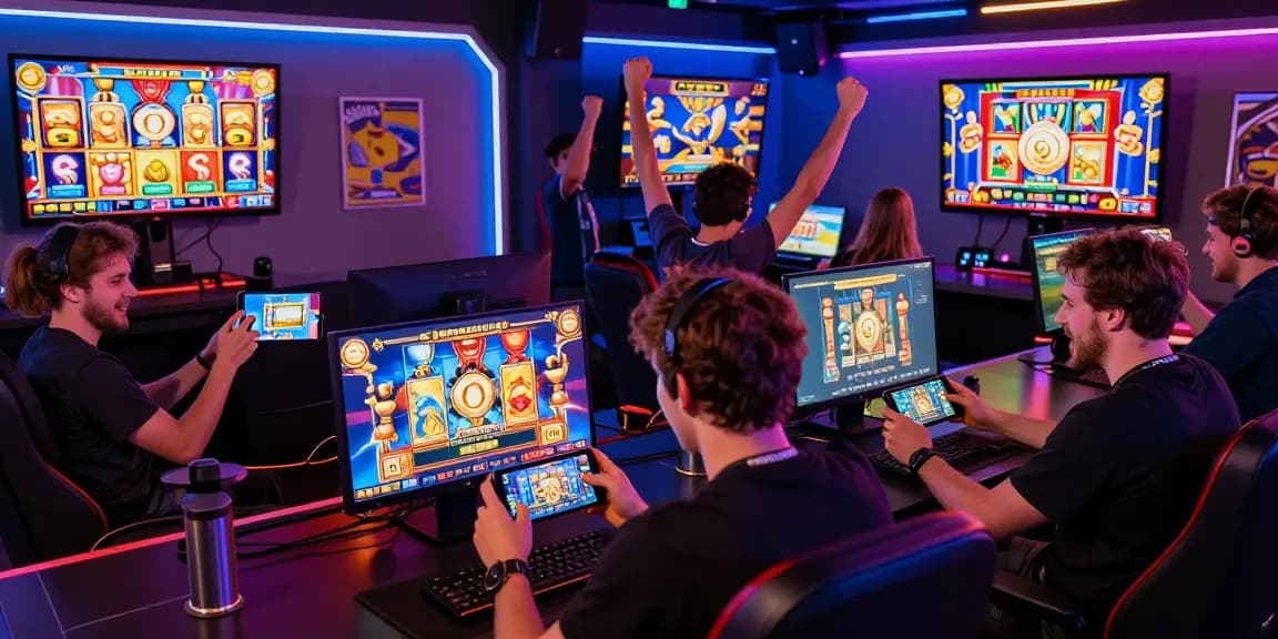 Interactive gaming experience at loket88 with players celebrating wins in vibrant neon setting.