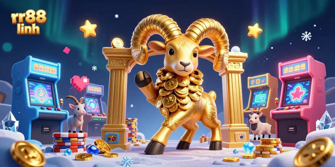 Engage in thrilling action at rr88 linh with vibrant 3D cartoon visuals showcasing golden ram and arcade elements.