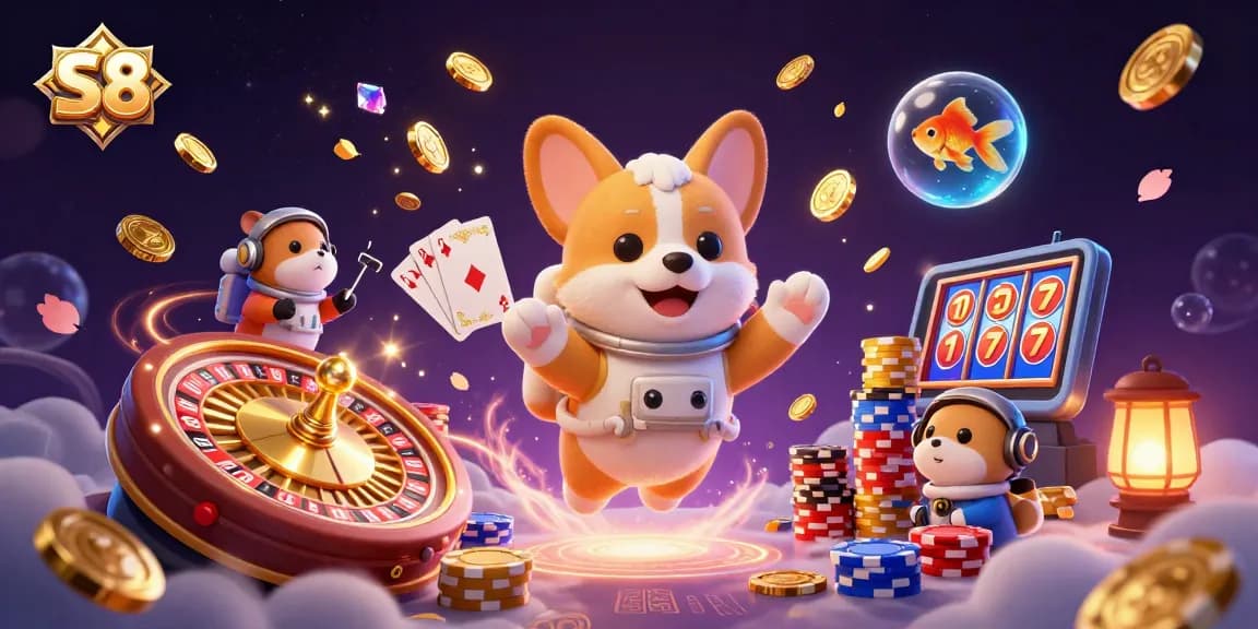 Engage with S8 casino games as the astronaut corgi floats amid coins and poker chips.