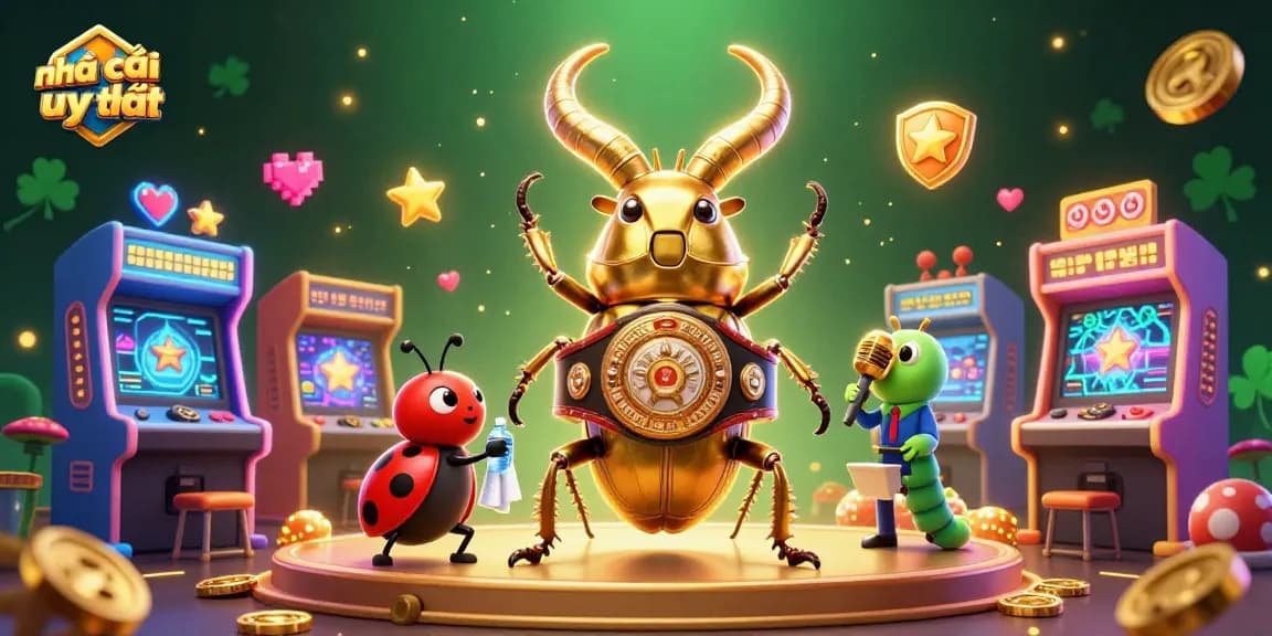 Engage with the vibrant world of nhà cái uy tín, showcasing a giant beetle boxing champion amidst colorful gaming elements.