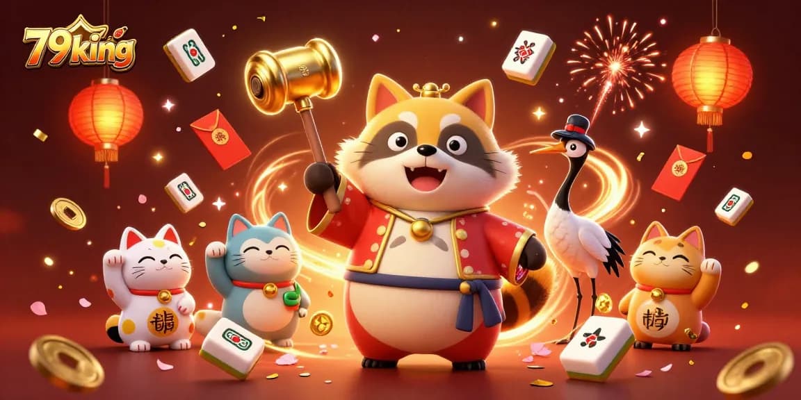 Engage in exciting games with 79king surrounded by festive characters and casino elements.