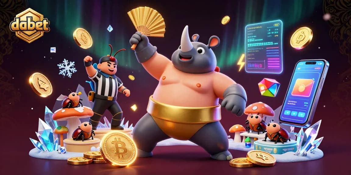 Dabet's exciting gaming scene showcases a rhinoceros beetle sumo champion amidst flying coins and crypto elements.
