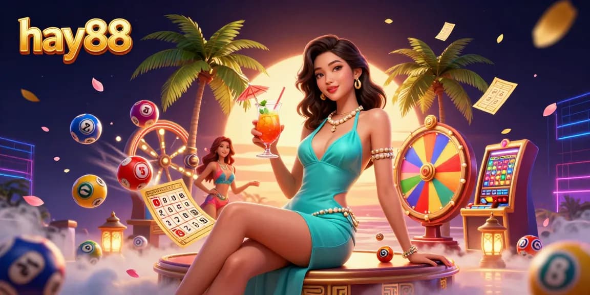 Experience the thrill of winning at hay88 with vibrant lottery balls and dynamic casino elements.